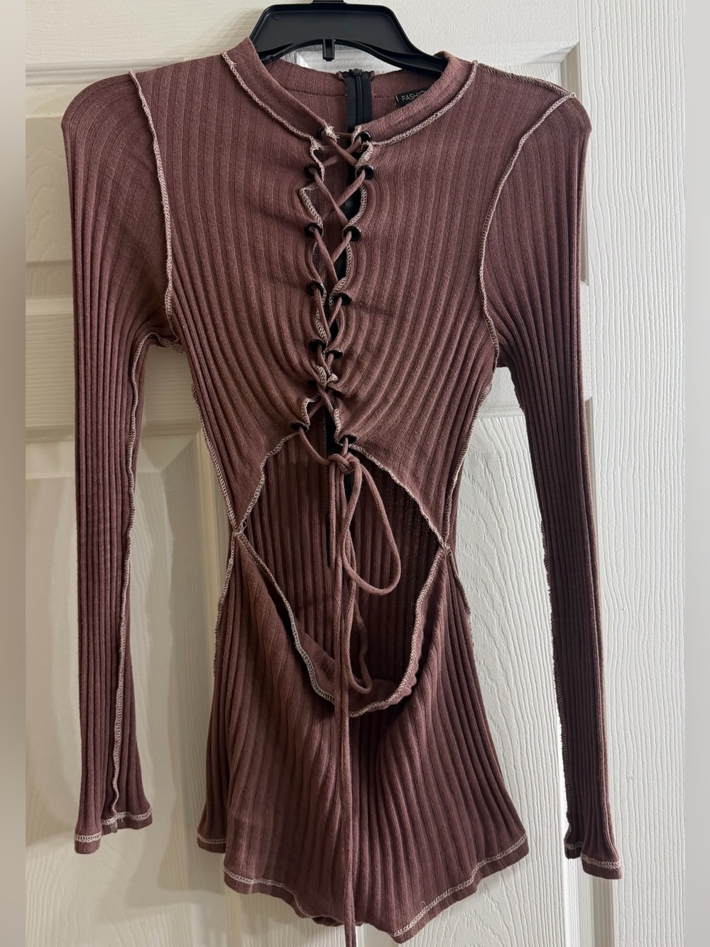 Fashion Nova Ribbed Lace-Up Cutout Long Sleeve Dress - Brown